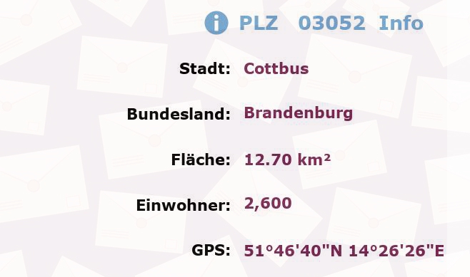 Postleitzahl 03052 Cottbus, Brandenburg Information