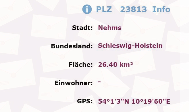 Postleitzahl 23813 Nehms, Schleswig-Holstein Information