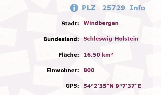 Postleitzahl 25729 Windbergen, Schleswig-Holstein Information