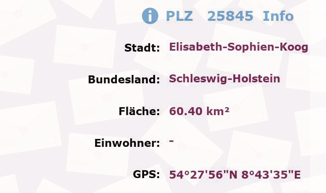 Postleitzahl 25845 Elisabeth-Sophien-Koog, Schleswig-Holstein Information