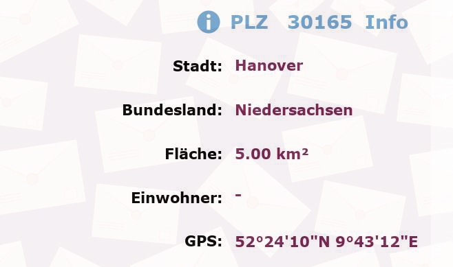 Postleitzahl 30165 Hanover, Niedersachsen Information
