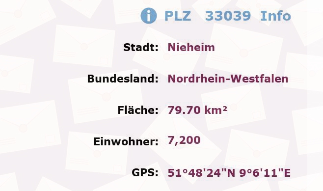 Postleitzahl 33039 Nieheim, Nordrhein-Westfalen Information