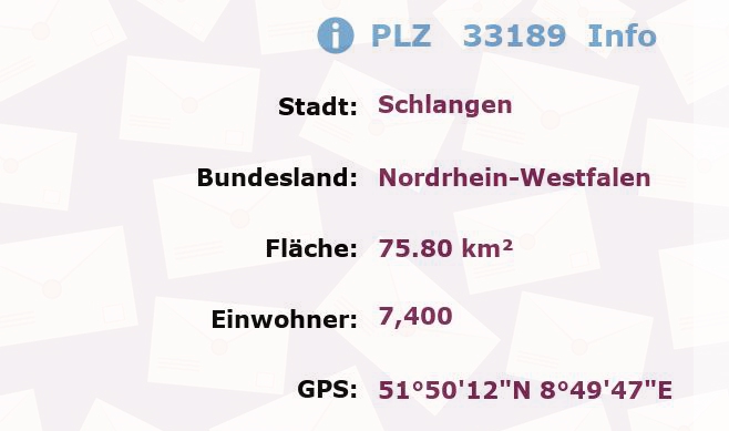 Postleitzahl 33189 Schlangen, Nordrhein-Westfalen Information