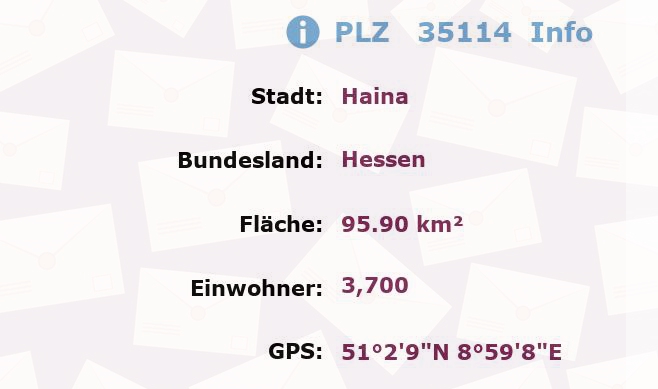 Postleitzahl 35114 Haina, Hessen Information