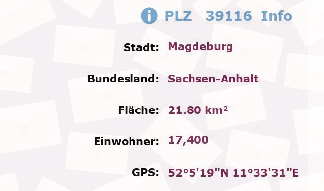 Postleitzahl 39116 Magdeburg, Sachsen-Anhalt Information