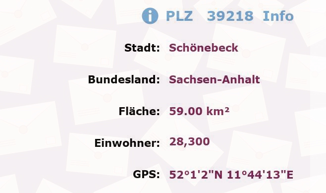 Postleitzahl 39218 Schönebeck, Sachsen-Anhalt Information