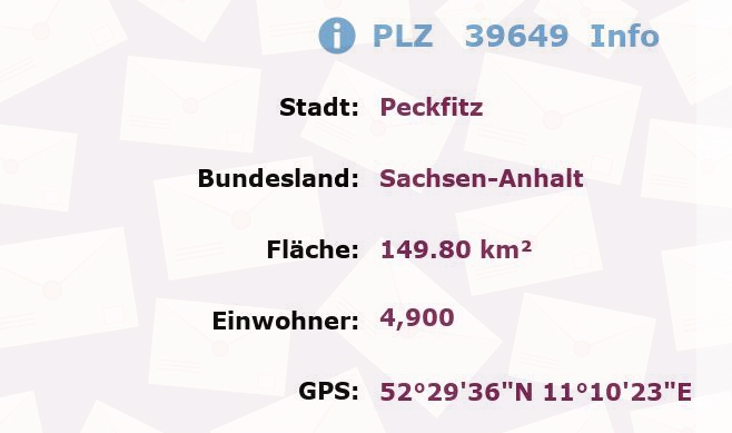 Postleitzahl 39649 Peckfitz, Sachsen-Anhalt Information