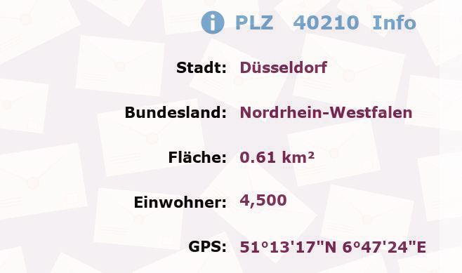 Postleitzahl 40210 Düsseldorf, Nordrhein-Westfalen Information