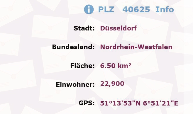 Postleitzahl 40625 Düsseldorf, Nordrhein-Westfalen Information