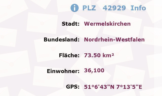 Postleitzahl 42929 Wermelskirchen, Nordrhein-Westfalen Information