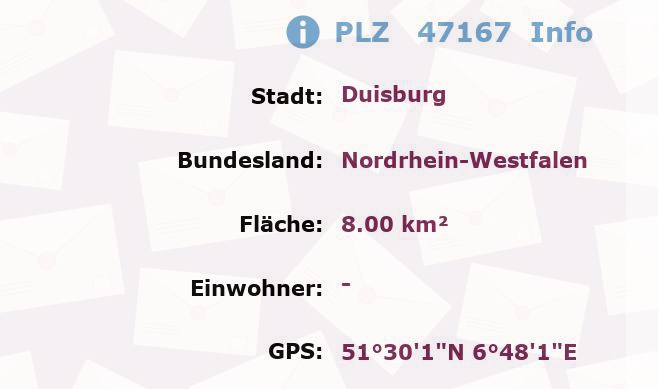 Postleitzahl 47167 Duisburg, Nordrhein-Westfalen Information