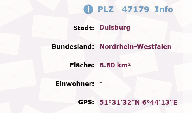 Postleitzahl 47179 Duisburg, Nordrhein-Westfalen Information