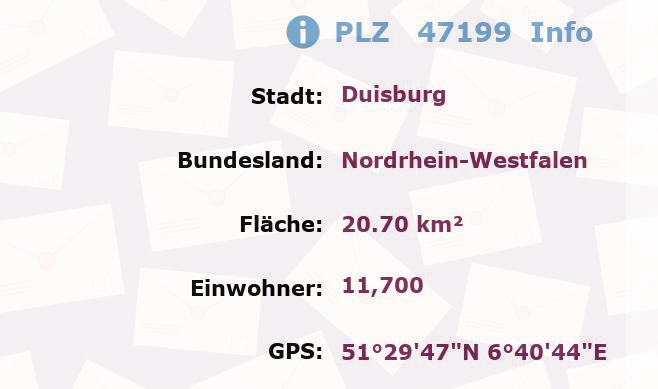 Postleitzahl 47199 Duisburg, Nordrhein-Westfalen Information