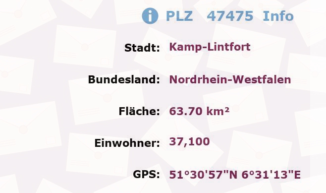 Postleitzahl 47475 Kamp-Lintfort, Nordrhein-Westfalen Information