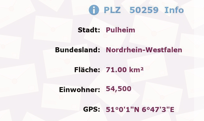 Postleitzahl 50259 Pulheim, Nordrhein-Westfalen Information