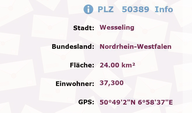 Postleitzahl 50389 Wesseling, Nordrhein-Westfalen Information