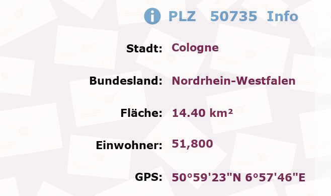 Postleitzahl 50735 Köln, Nordrhein-Westfalen Information