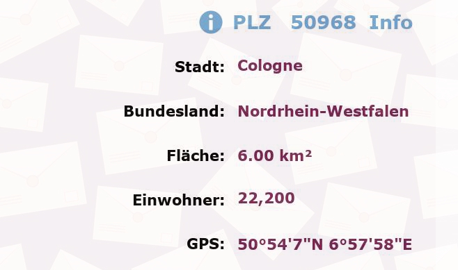 Postleitzahl 50968 Köln, Nordrhein-Westfalen Information