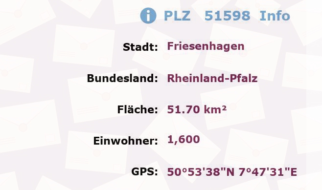 Postleitzahl 51598 Friesenhagen, Rheinland-Pfalz Information