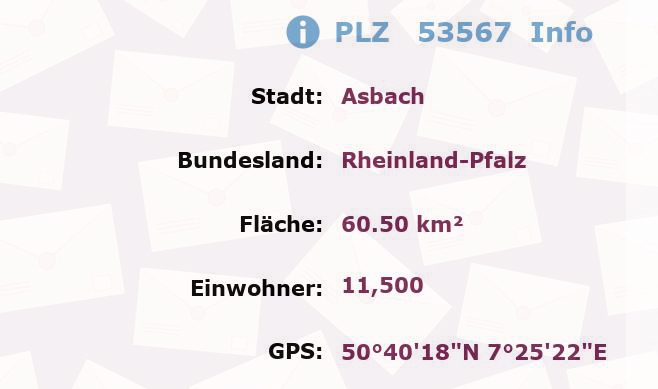 Postleitzahl 53567 Asbach, Rheinland-Pfalz Information