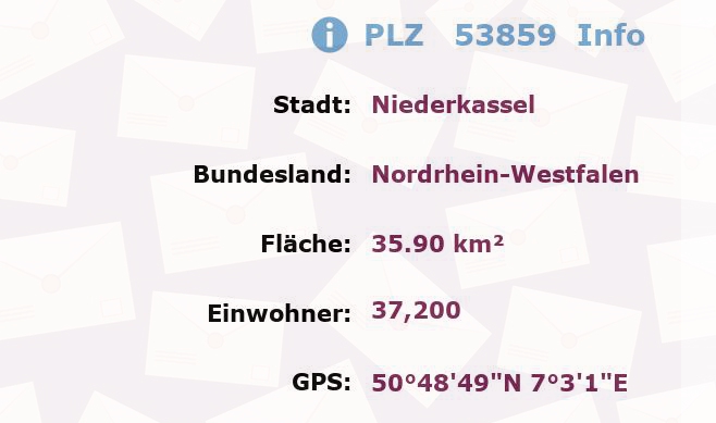 Postleitzahl 53859 Niederkassel, Nordrhein-Westfalen Information