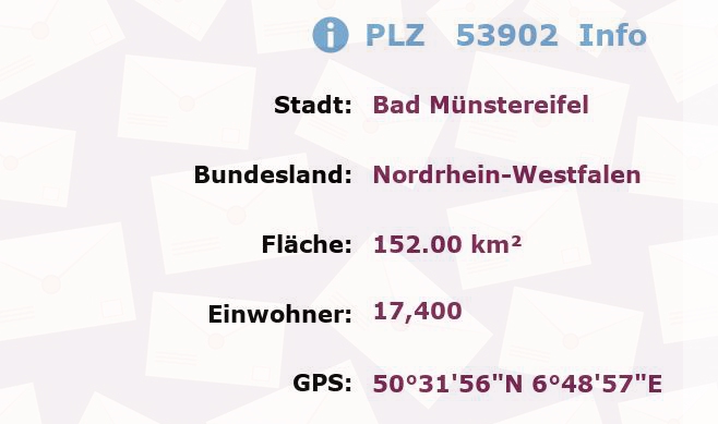 Postleitzahl 53902 Bad Münstereifel, Nordrhein-Westfalen Information