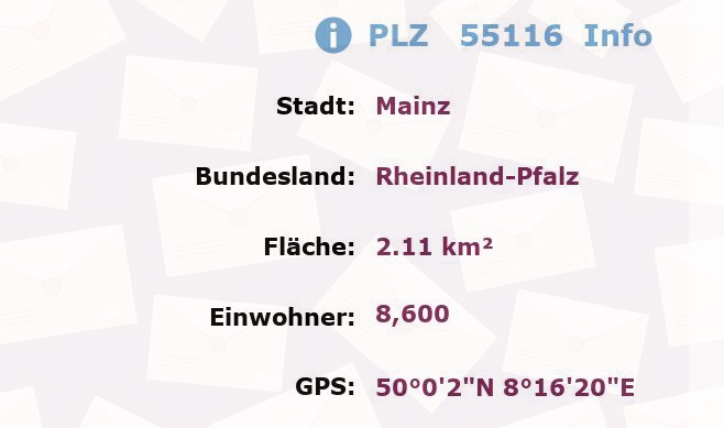 Postleitzahl 55116 Mainz, Rheinland-Pfalz Information