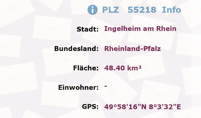 Postleitzahl 55218 Ingelheim am Rhein, Rheinland-Pfalz Information