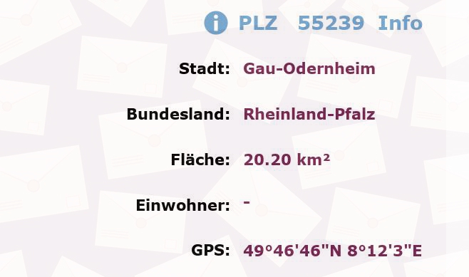 Postleitzahl 55239 Gau-Odernheim, Rheinland-Pfalz Information