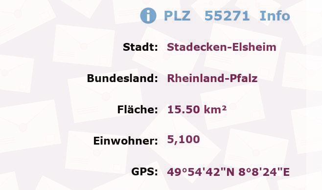 Postleitzahl 55271 Stadecken-Elsheim, Rheinland-Pfalz Information