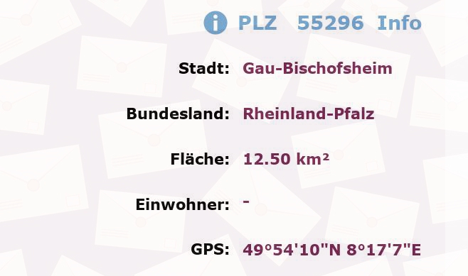 Postleitzahl 55296 Gau-Bischofsheim, Rheinland-Pfalz Information