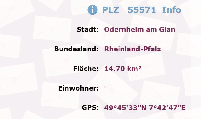 Postleitzahl 55571 Odernheim am Glan, Rheinland-Pfalz Information