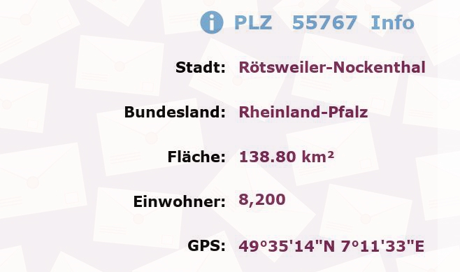 Postleitzahl 55767 Rötsweiler-Nockenthal, Rheinland-Pfalz Information