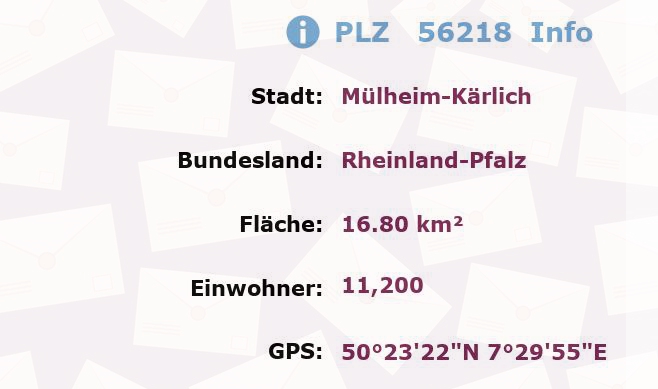 Postleitzahl 56218 Mülheim-Kärlich, Rheinland-Pfalz Information