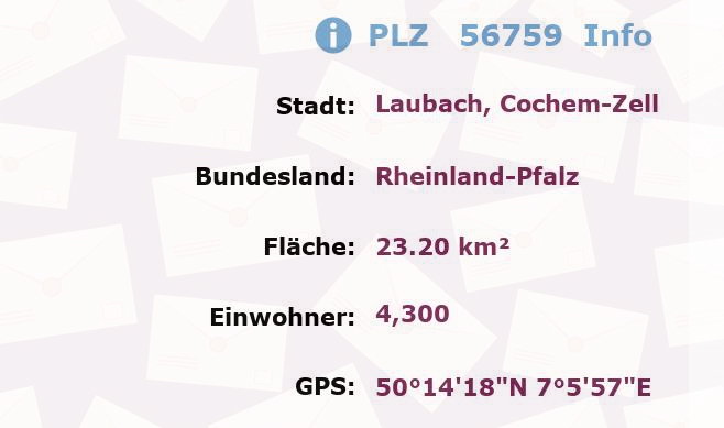 Postleitzahl 56759 Laubach, Cochem-Zell, Rheinland-Pfalz Information