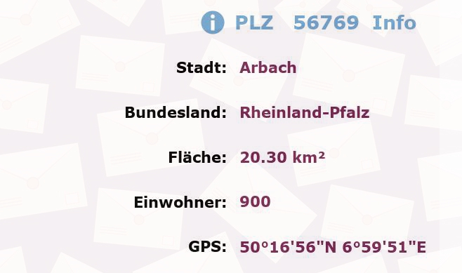 Postleitzahl 56769 Arbach, Rheinland-Pfalz Information