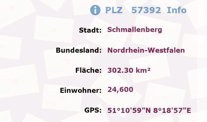 Postleitzahl 57392 Schmallenberg, Nordrhein-Westfalen Information