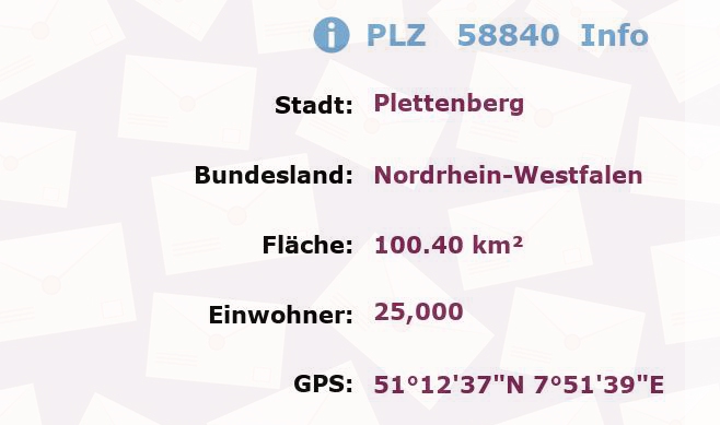 Postleitzahl 58840 Plettenberg, Nordrhein-Westfalen Information