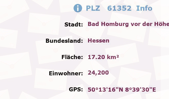 Postleitzahl 61352 Bad Homburg vor der Höhe, Hessen Information