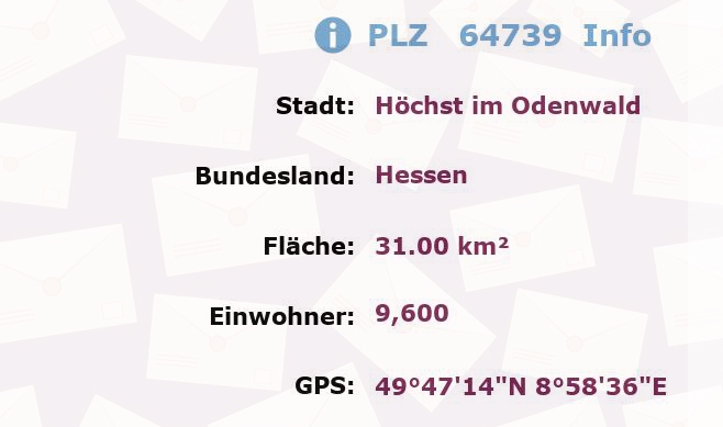 Postleitzahl 64739 Höchst im Odenwald, Hessen Information