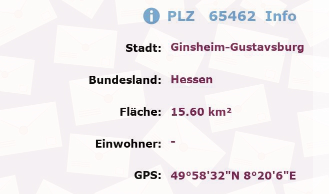 Postleitzahl 65462 Ginsheim-Gustavsburg, Hessen Information