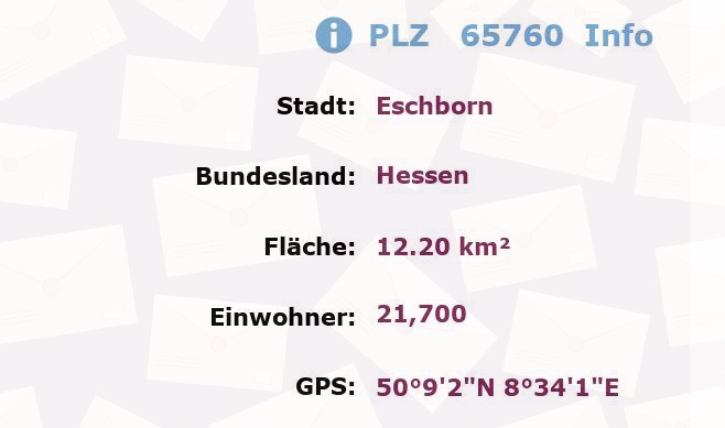 Postleitzahl 65760 Eschborn, Hessen Information