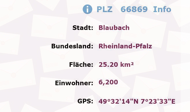 Postleitzahl 66869 Blaubach, Rheinland-Pfalz Information