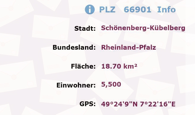 Postleitzahl 66901 Schönenberg-Kübelberg, Rheinland-Pfalz Information