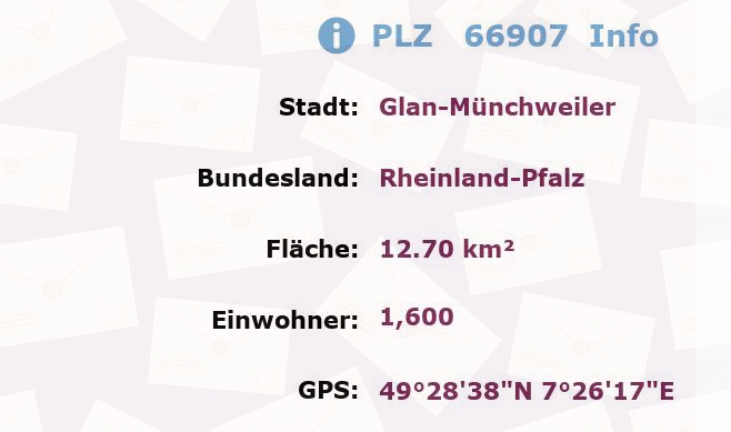 Postleitzahl 66907 Glan-Münchweiler, Rheinland-Pfalz Information