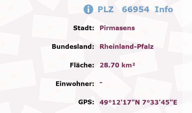 Postleitzahl 66954 Pirmasens, Rheinland-Pfalz Information