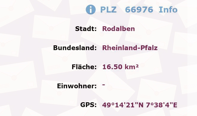 Postleitzahl 66976 Rodalben, Rheinland-Pfalz Information