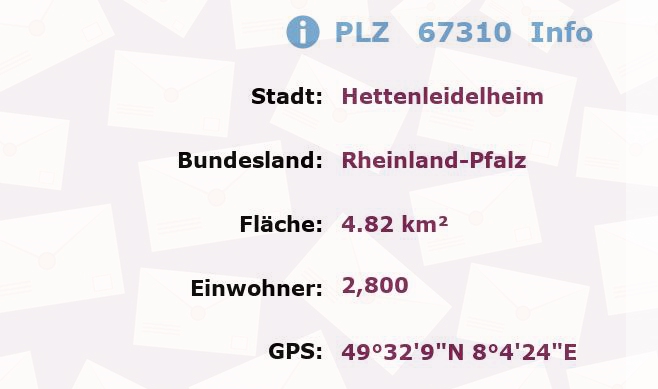 Postleitzahl 67310 Hettenleidelheim, Rheinland-Pfalz Information