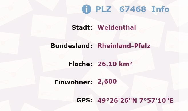 Postleitzahl 67468 Weidenthal, Rheinland-Pfalz Information