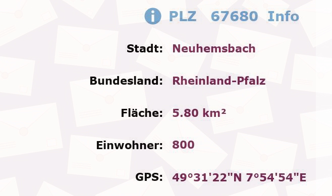 Postleitzahl 67680 Neuhemsbach, Rheinland-Pfalz Information